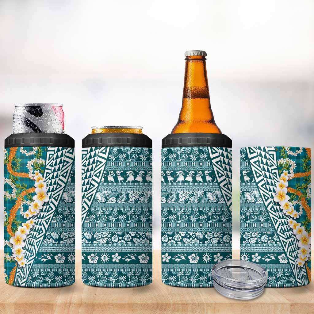 Hawaiian Plumeria Lei 4 in 1 Can Cooler Tumbler Kakau Motifs and Palaka Half Style Turquoise Color - Polynesian Pride