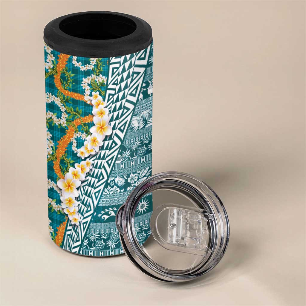 Hawaiian Plumeria Lei 4 in 1 Can Cooler Tumbler Kakau Motifs and Palaka Half Style Turquoise Color - Polynesian Pride