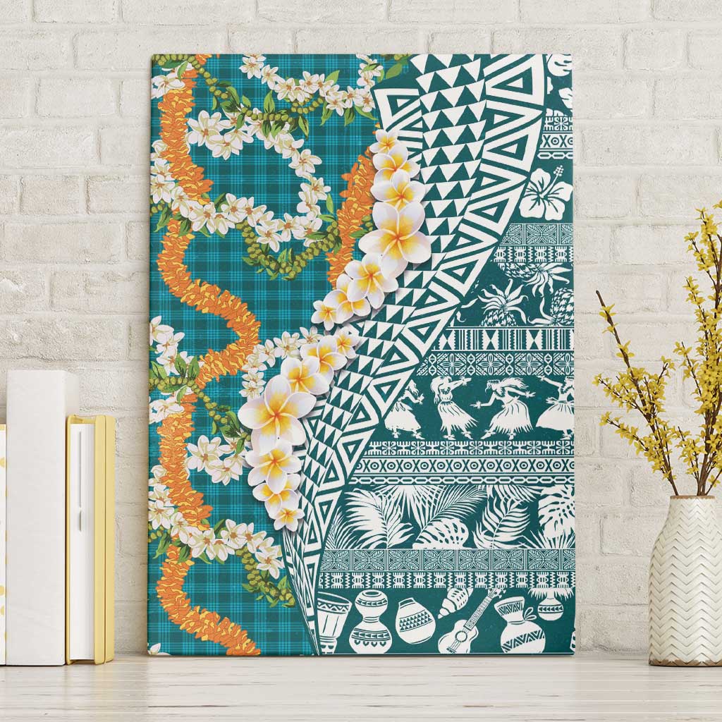 Hawaiian Plumeria Lei Canvas Wall Art Kakau Motifs and Palaka Half Style Turquoise Color LT03 Without Frame Turquoise - Polynesian Pride