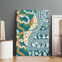 Hawaiian Plumeria Lei Canvas Wall Art Kakau Motifs and Palaka Half Style Turquoise Color LT03 - Polynesian Pride