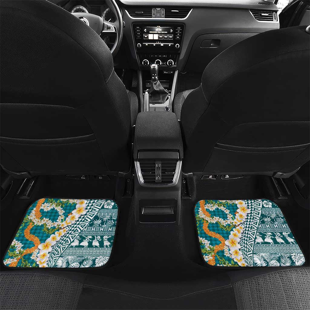 Hawaiian Plumeria Lei Car Mats Kakau Motifs and Palaka Half Style Turquoise Color - Polynesian Pride