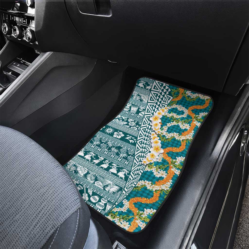 Hawaiian Plumeria Lei Car Mats Kakau Motifs and Palaka Half Style Turquoise Color - Polynesian Pride