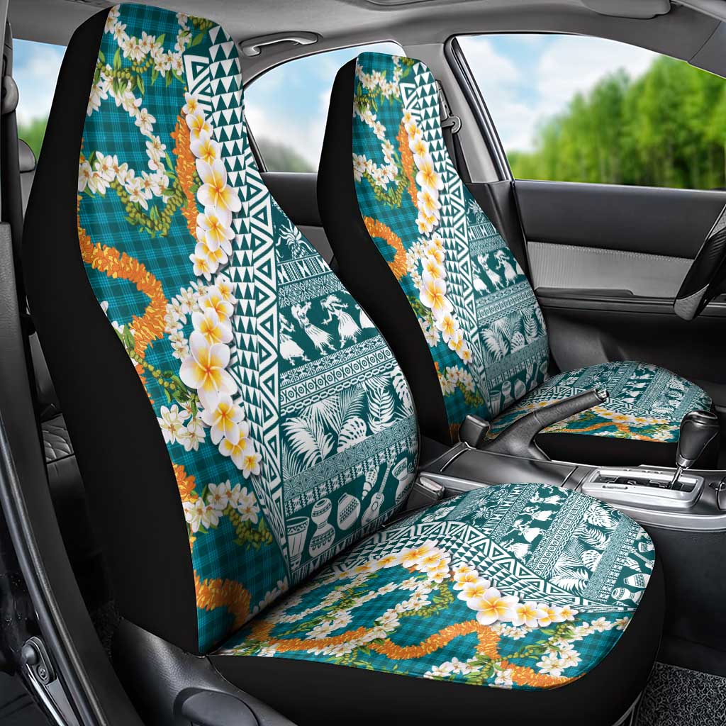 Hawaiian Plumeria Lei Car Seat Cover Kakau Motifs and Palaka Half Style Turquoise Color - Polynesian Pride