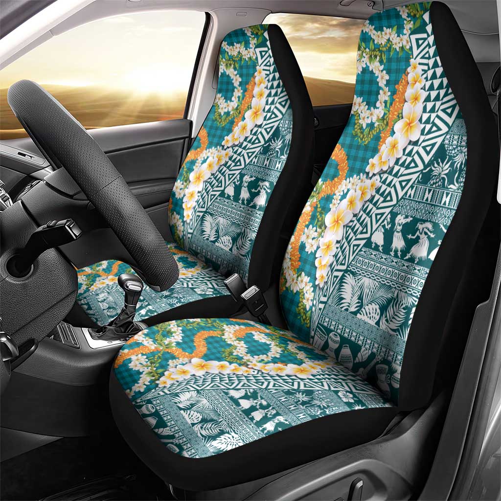 Hawaiian Plumeria Lei Car Seat Cover Kakau Motifs and Palaka Half Style Turquoise Color - Polynesian Pride