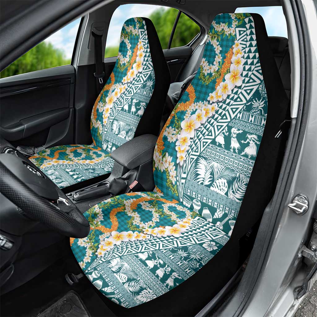 Hawaiian Plumeria Lei Car Seat Cover Kakau Motifs and Palaka Half Style Turquoise Color - Polynesian Pride