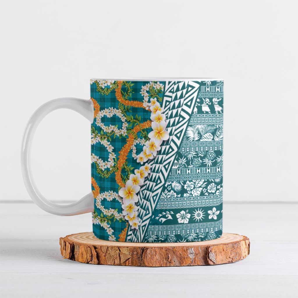 Hawaiian Plumeria Lei Ceramic Mug Kakau Motifs and Palaka Half Style Turquoise Color LT03 Turquoise - Polynesian Pride
