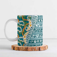 Hawaiian Plumeria Lei Ceramic Mug Kakau Motifs and Palaka Half Style Turquoise Color LT03 Turquoise - Polynesian Pride