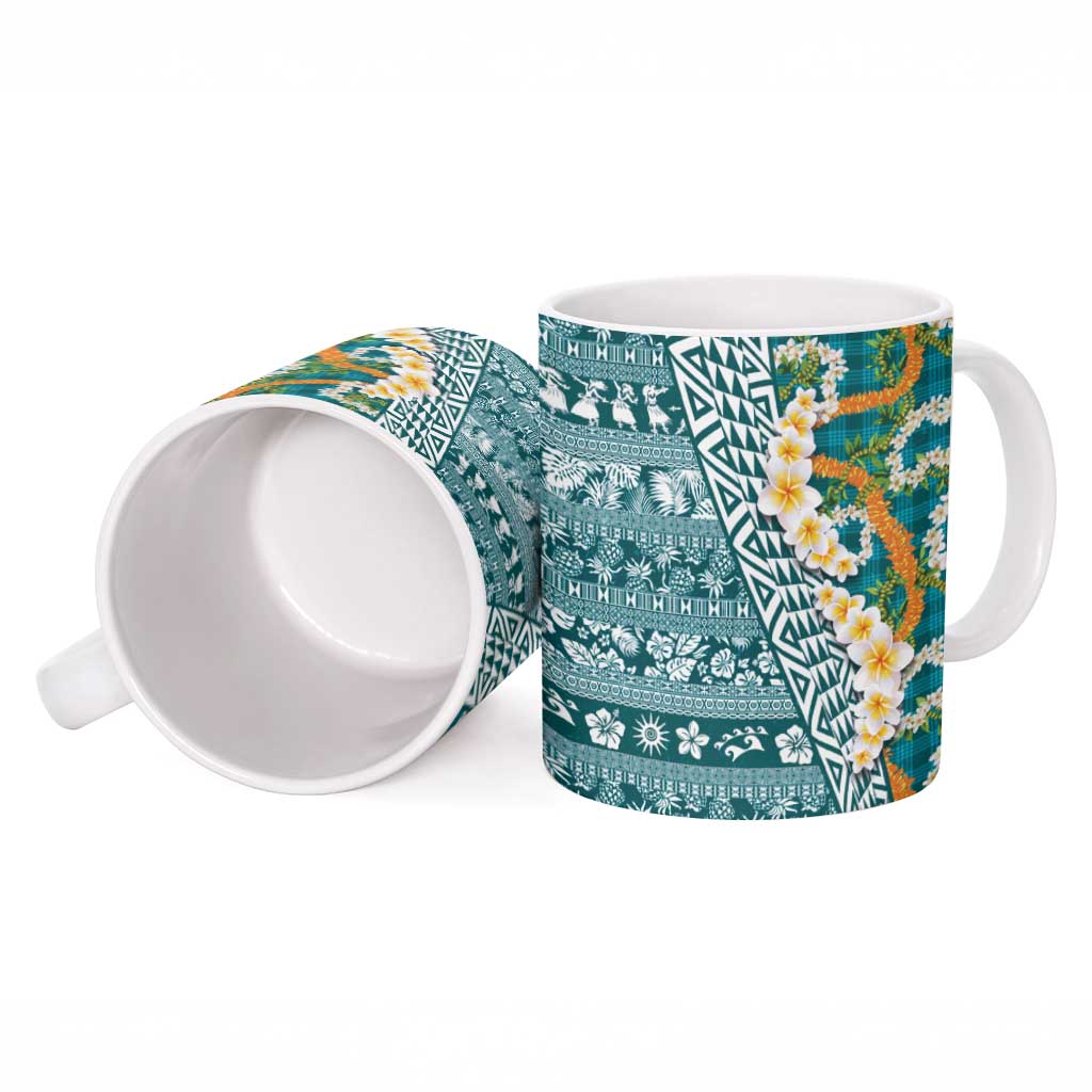 Hawaiian Plumeria Lei Ceramic Mug Kakau Motifs and Palaka Half Style Turquoise Color LT03 - Polynesian Pride