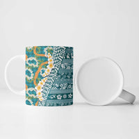 Hawaiian Plumeria Lei Ceramic Mug Kakau Motifs and Palaka Half Style Turquoise Color LT03 - Polynesian Pride