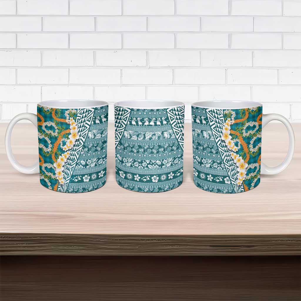 Hawaiian Plumeria Lei Ceramic Mug Kakau Motifs and Palaka Half Style Turquoise Color LT03 - Polynesian Pride
