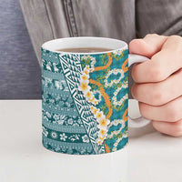 Hawaiian Plumeria Lei Ceramic Mug Kakau Motifs and Palaka Half Style Turquoise Color LT03 - Polynesian Pride