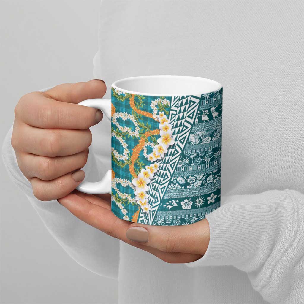 Hawaiian Plumeria Lei Ceramic Mug Kakau Motifs and Palaka Half Style Turquoise Color LT03 - Polynesian Pride