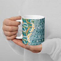 Hawaiian Plumeria Lei Ceramic Mug Kakau Motifs and Palaka Half Style Turquoise Color LT03 - Polynesian Pride