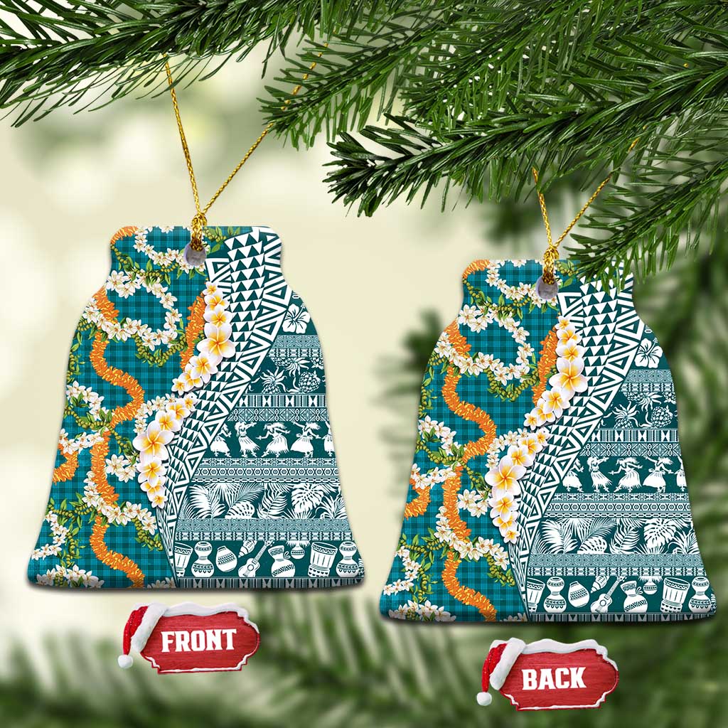 Hawaiian Plumeria Lei Ceramic Ornament Kakau Motifs and Palaka Half Style Turquoise Color - Polynesian Pride