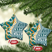 Hawaiian Plumeria Lei Ceramic Ornament Kakau Motifs and Palaka Half Style Turquoise Color - Polynesian Pride