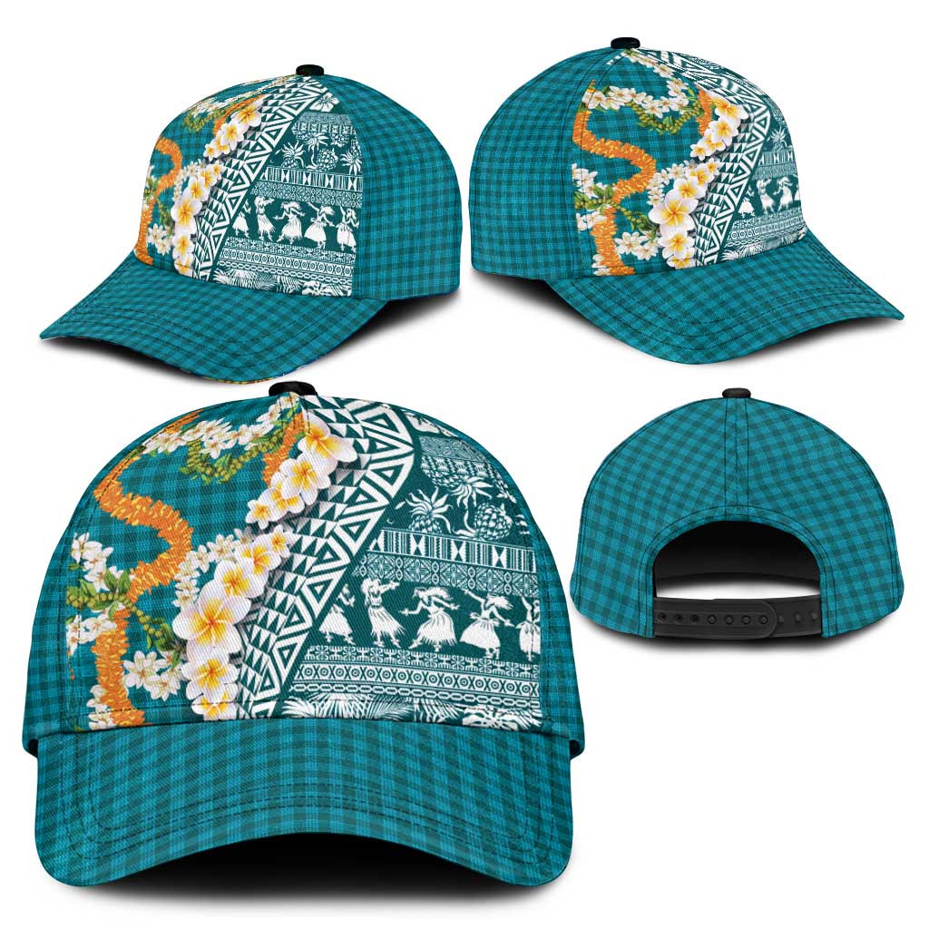 Hawaiian Plumeria Lei Classic Cap Kakau Motifs and Palaka Half Style Turquoise Color - Polynesian Pride