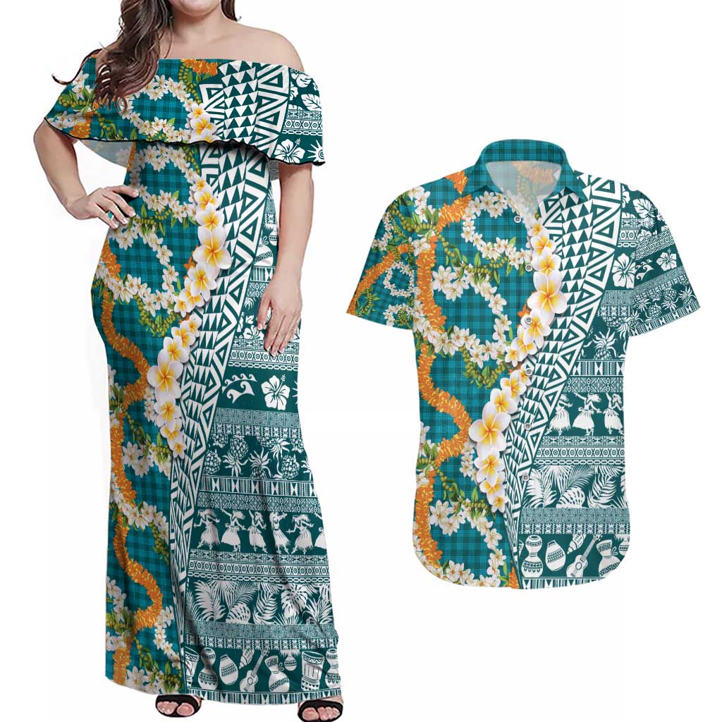 Hawaiian Plumeria Lei Couples Matching Off Shoulder Maxi Dress and Hawaiian Shirt Kakau Motifs and Palaka Half Style Turquoise Color - Polynesian Pride