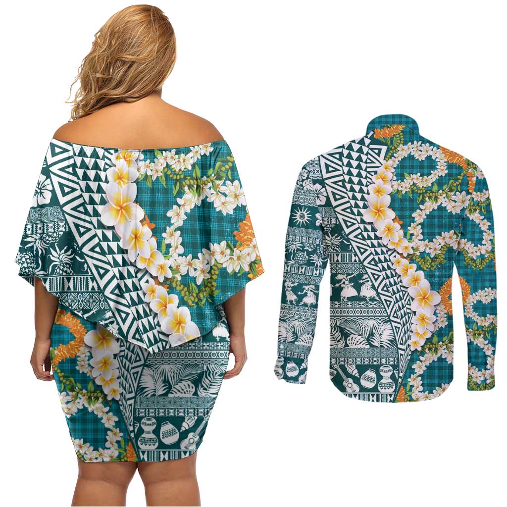 Hawaiian Plumeria Lei Couples Matching Off Shoulder Short Dress and Long Sleeve Button Shirt Kakau Motifs and Palaka Half Style Turquoise Color - Polynesian Pride