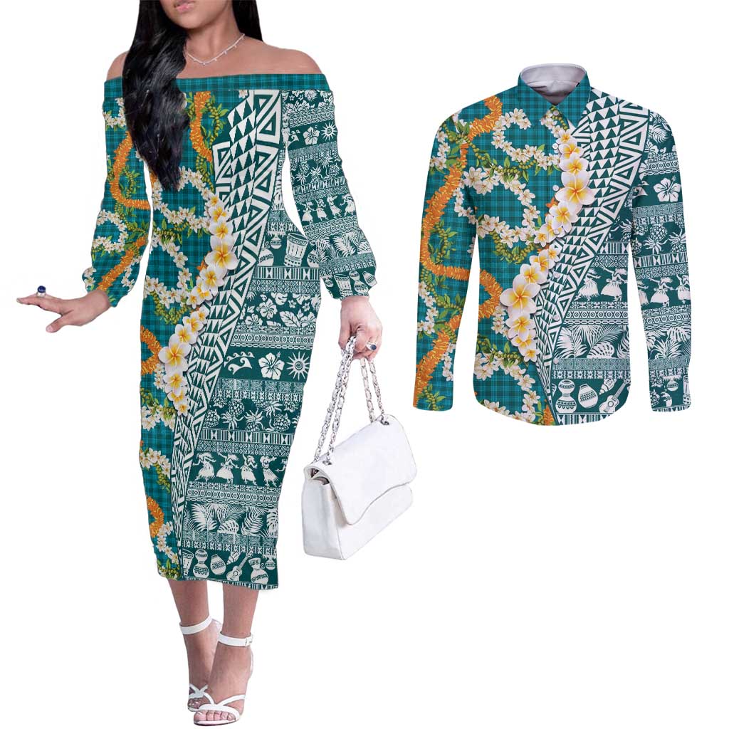 Hawaiian Plumeria Lei Couples Matching Off The Shoulder Long Sleeve Dress and Long Sleeve Button Shirt Kakau Motifs and Palaka Half Style Turquoise Color - Polynesian Pride