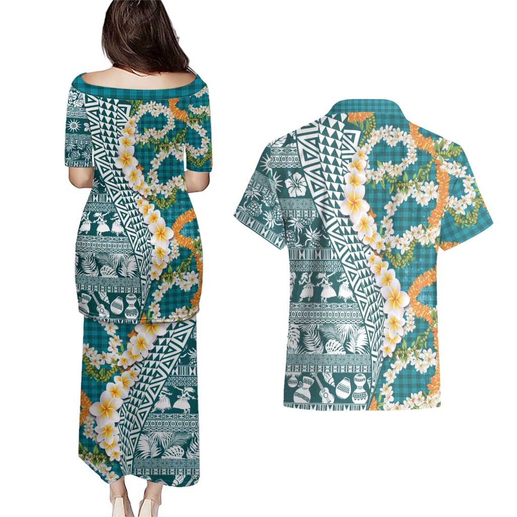 Hawaiian Plumeria Lei Couples Matching Puletasi and Hawaiian Shirt Kakau Motifs and Palaka Half Style Turquoise Color - Polynesian Pride