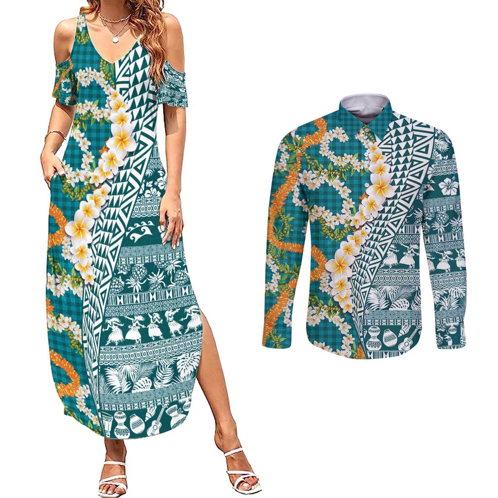 Hawaiian Plumeria Lei Couples Matching Summer Maxi Dress and Long Sleeve Button Shirt Kakau Motifs and Palaka Half Style Turquoise Color - Polynesian Pride
