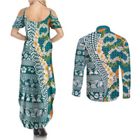 Hawaiian Plumeria Lei Couples Matching Summer Maxi Dress and Long Sleeve Button Shirt Kakau Motifs and Palaka Half Style Turquoise Color - Polynesian Pride