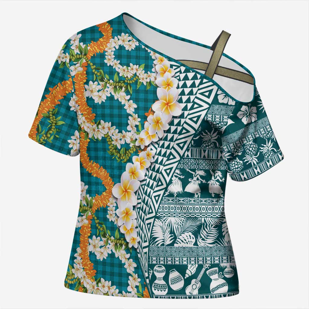 Hawaiian Plumeria Lei Cross Shoulder Shirt Kakau Motifs and Palaka Half Style Turquoise Color - Polynesian Pride