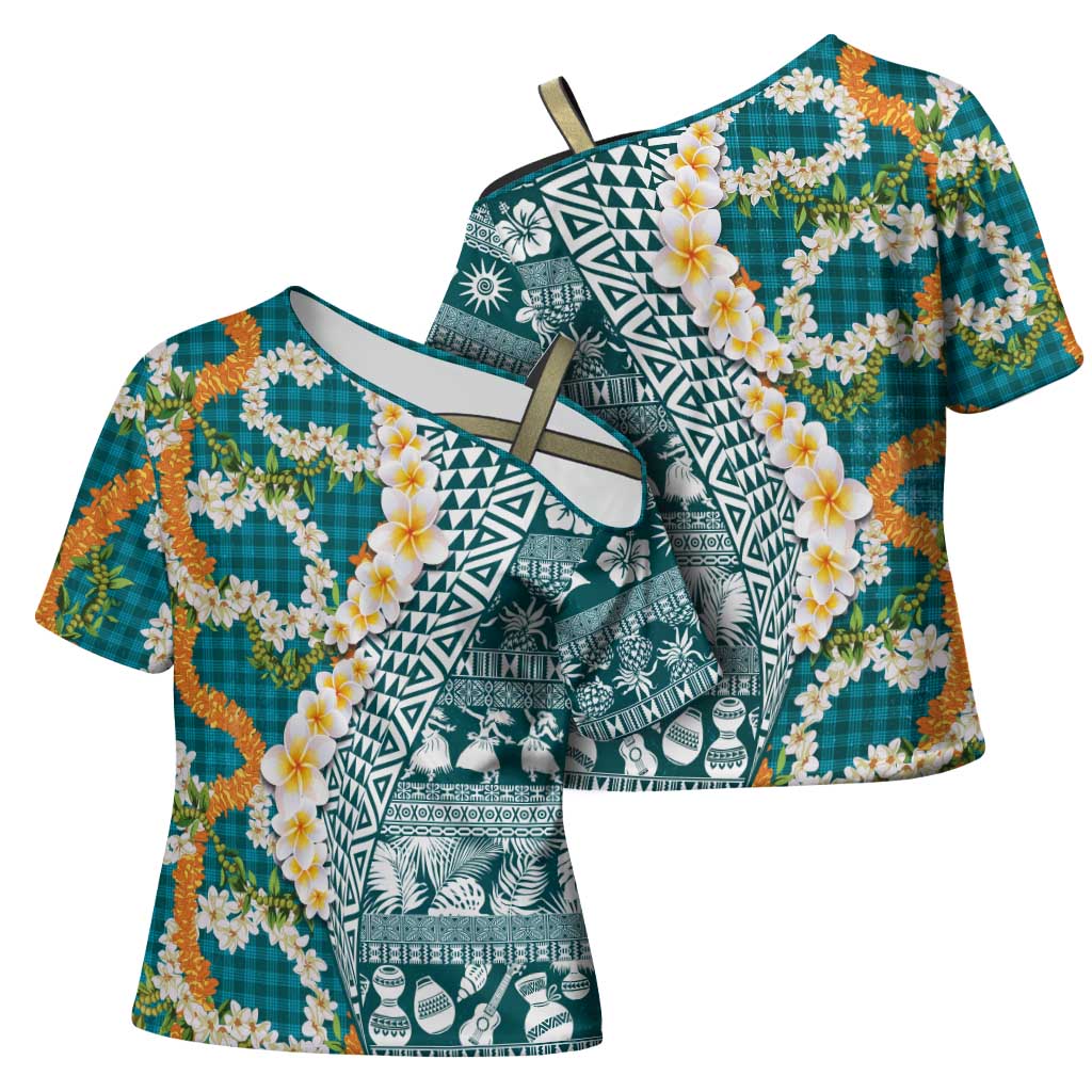 Hawaiian Plumeria Lei Cross Shoulder Shirt Kakau Motifs and Palaka Half Style Turquoise Color - Polynesian Pride