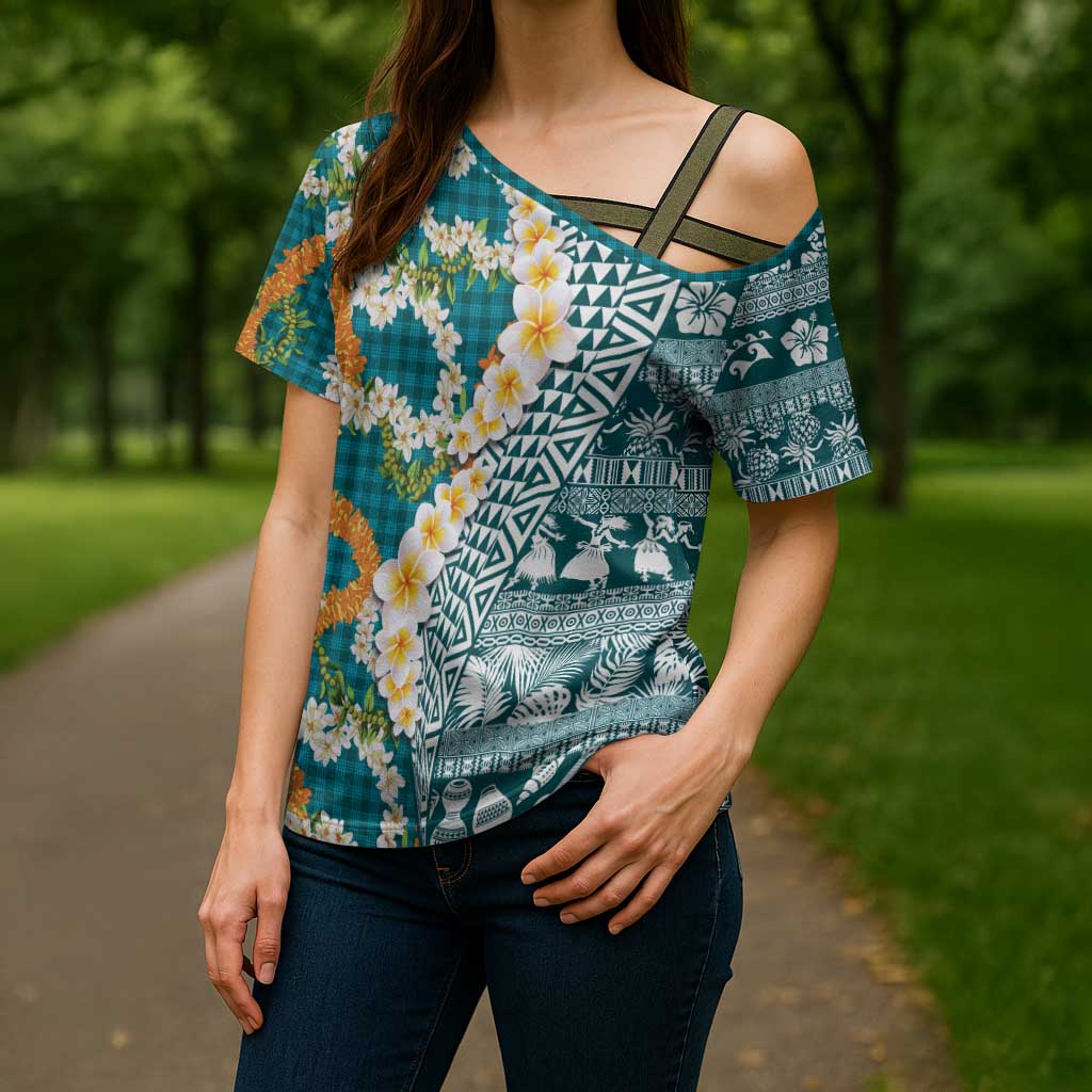 Hawaiian Plumeria Lei Cross Shoulder Shirt Kakau Motifs and Palaka Half Style Turquoise Color - Polynesian Pride