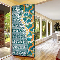 Hawaiian Plumeria Lei Door Cover Kakau Motifs and Palaka Half Style Turquoise Color - Polynesian Pride