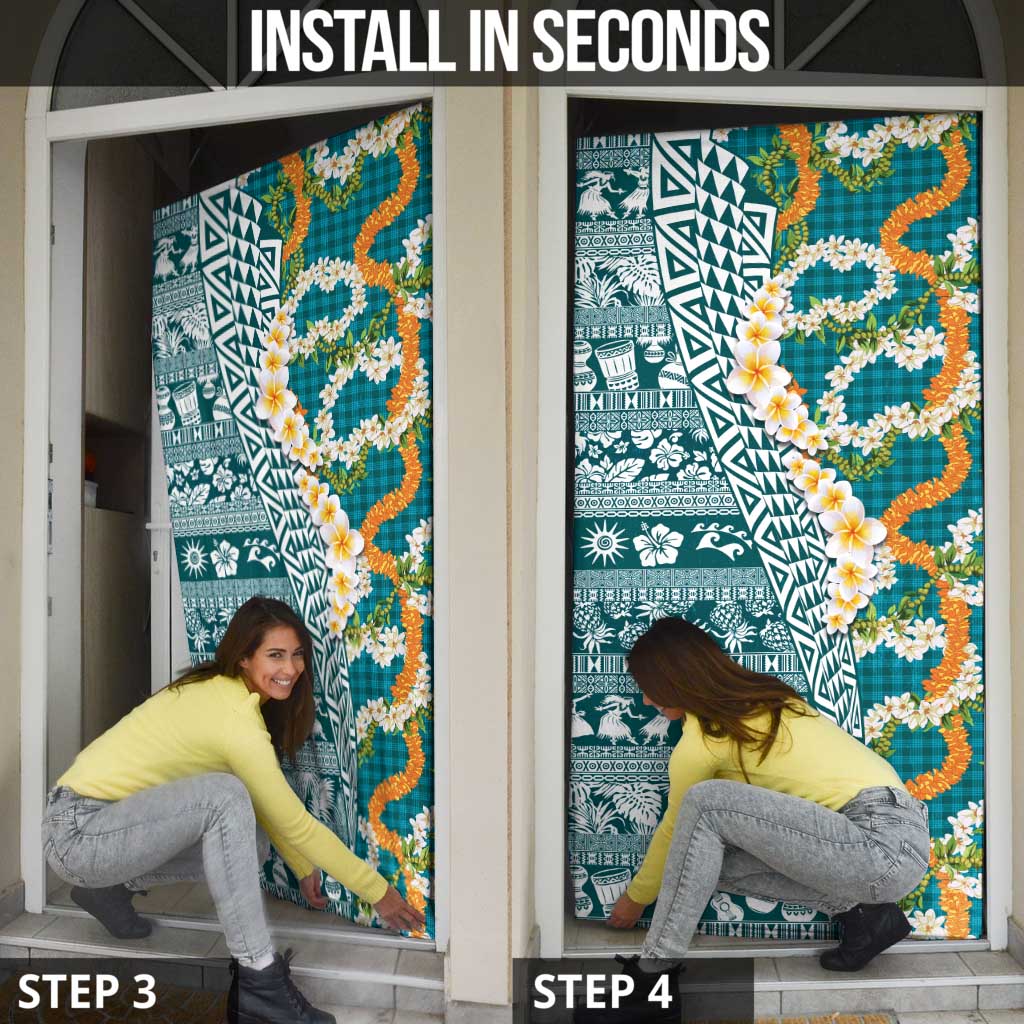 Hawaiian Plumeria Lei Door Cover Kakau Motifs and Palaka Half Style Turquoise Color - Polynesian Pride