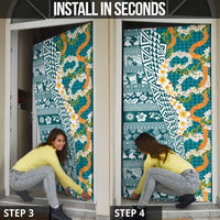 Hawaiian Plumeria Lei Door Cover Kakau Motifs and Palaka Half Style Turquoise Color - Polynesian Pride