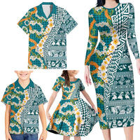 Hawaiian Plumeria Lei Family Matching Long Sleeve Bodycon Dress and Hawaiian Shirt Kakau Motifs and Palaka Half Style Turquoise Color - Polynesian Pride
