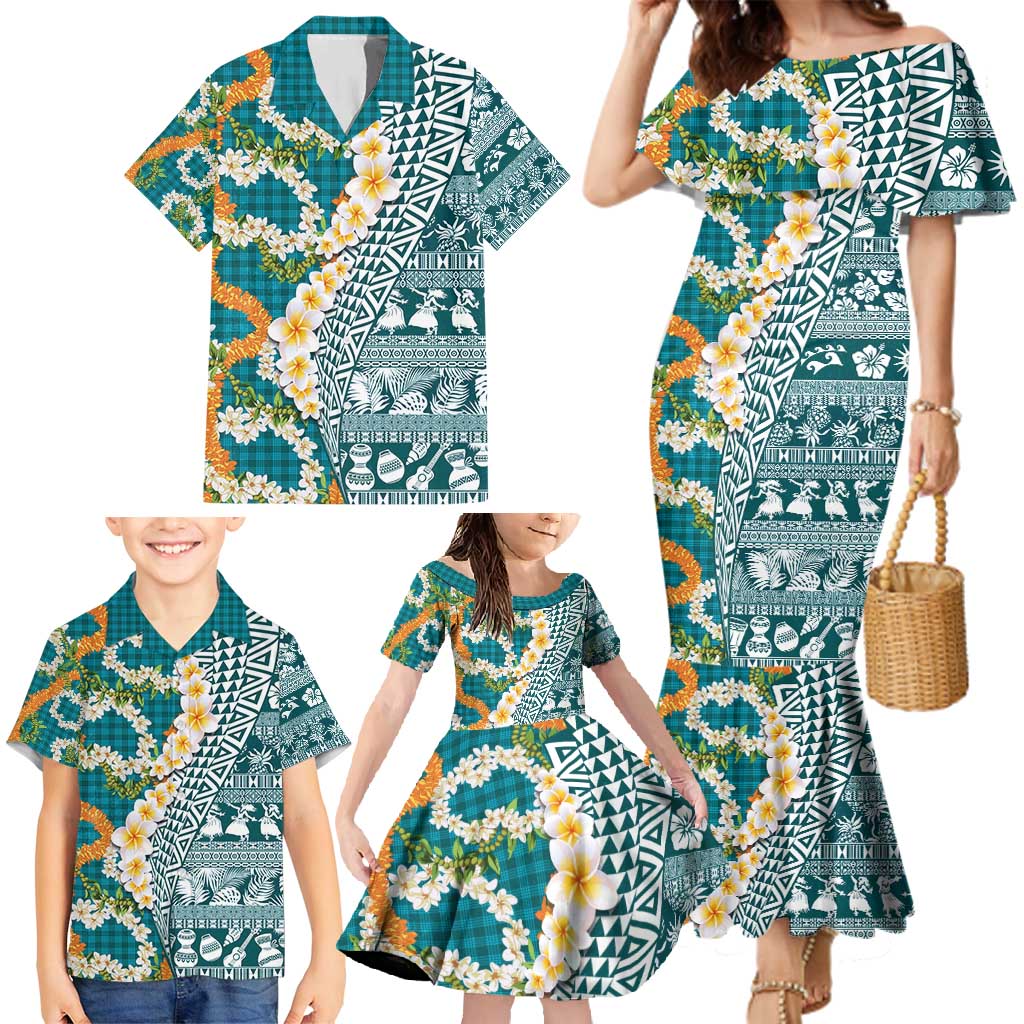 Hawaiian Plumeria Lei Family Matching Mermaid Dress and Hawaiian Shirt Kakau Motifs and Palaka Half Style Turquoise Color - Polynesian Pride