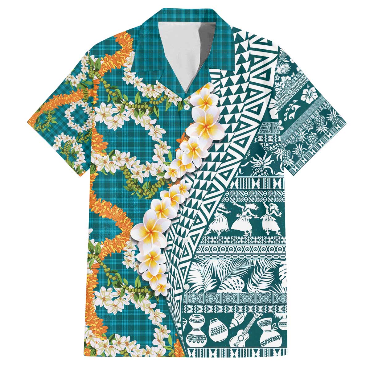 Hawaiian Plumeria Lei Family Matching Off The Shoulder Long Sleeve Dress and Hawaiian Shirt Kakau Motifs and Palaka Half Style Turquoise Color - Polynesian Pride