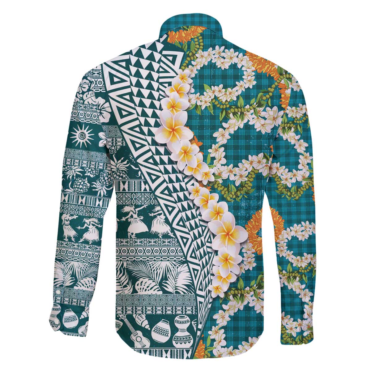 Hawaiian Plumeria Lei Family Matching Off The Shoulder Long Sleeve Dress and Hawaiian Shirt Kakau Motifs and Palaka Half Style Turquoise Color - Polynesian Pride