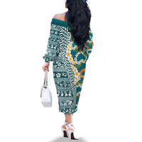 Hawaiian Plumeria Lei Family Matching Off The Shoulder Long Sleeve Dress and Hawaiian Shirt Kakau Motifs and Palaka Half Style Turquoise Color - Polynesian Pride