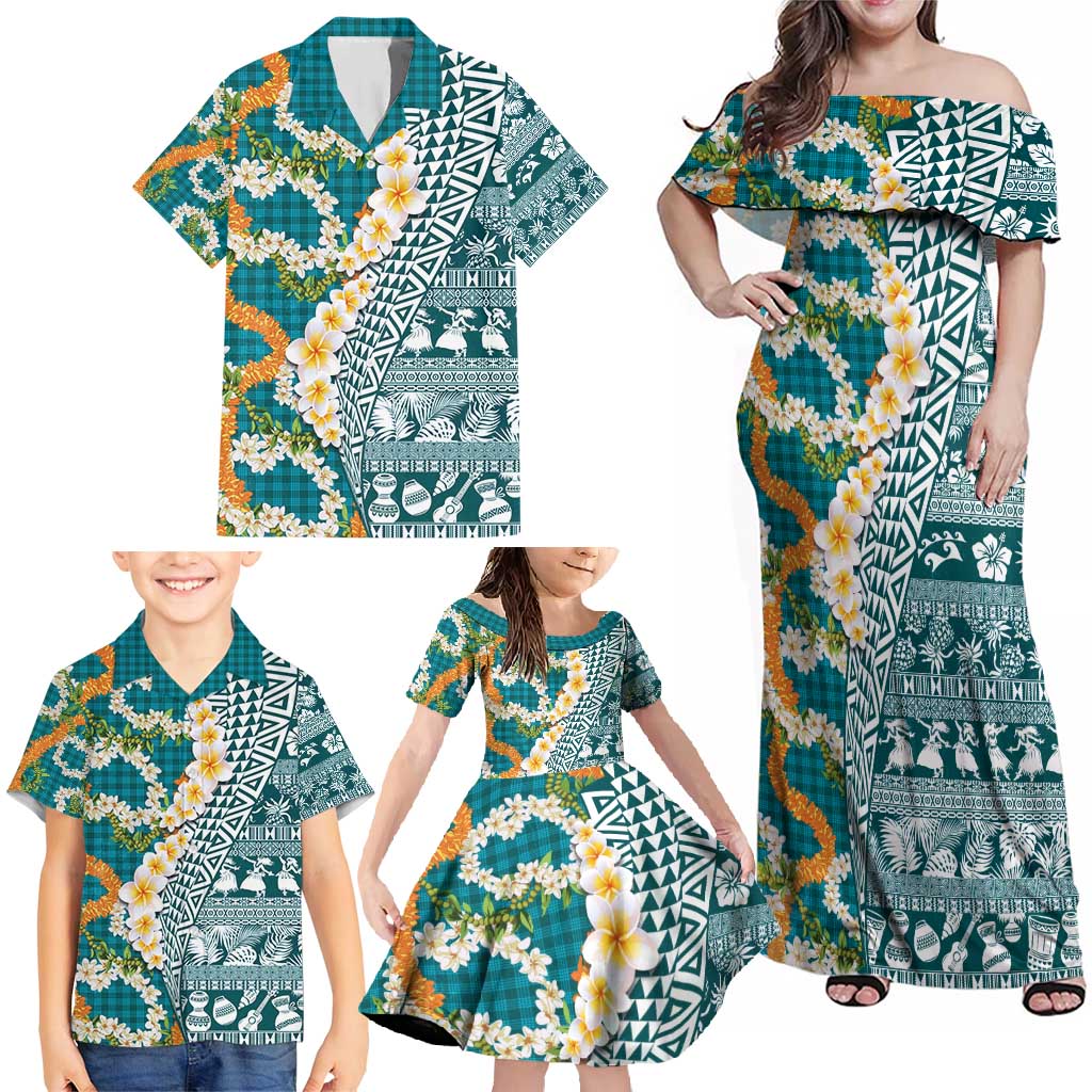 Hawaiian Plumeria Lei Family Matching Off Shoulder Maxi Dress and Hawaiian Shirt Kakau Motifs and Palaka Half Style Turquoise Color - Polynesian Pride