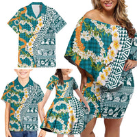 Hawaiian Plumeria Lei Family Matching Off Shoulder Short Dress and Hawaiian Shirt Kakau Motifs and Palaka Half Style Turquoise Color - Polynesian Pride