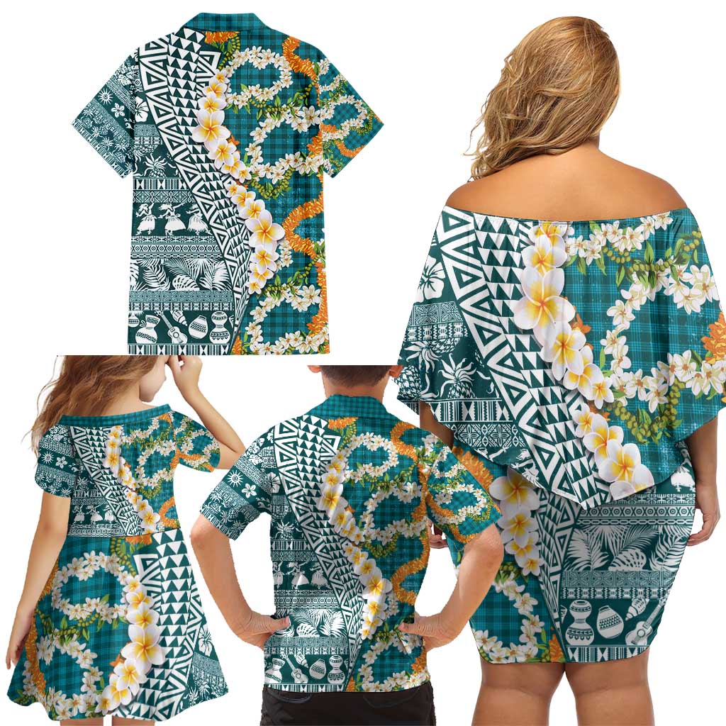 Hawaiian Plumeria Lei Family Matching Off Shoulder Short Dress and Hawaiian Shirt Kakau Motifs and Palaka Half Style Turquoise Color - Polynesian Pride