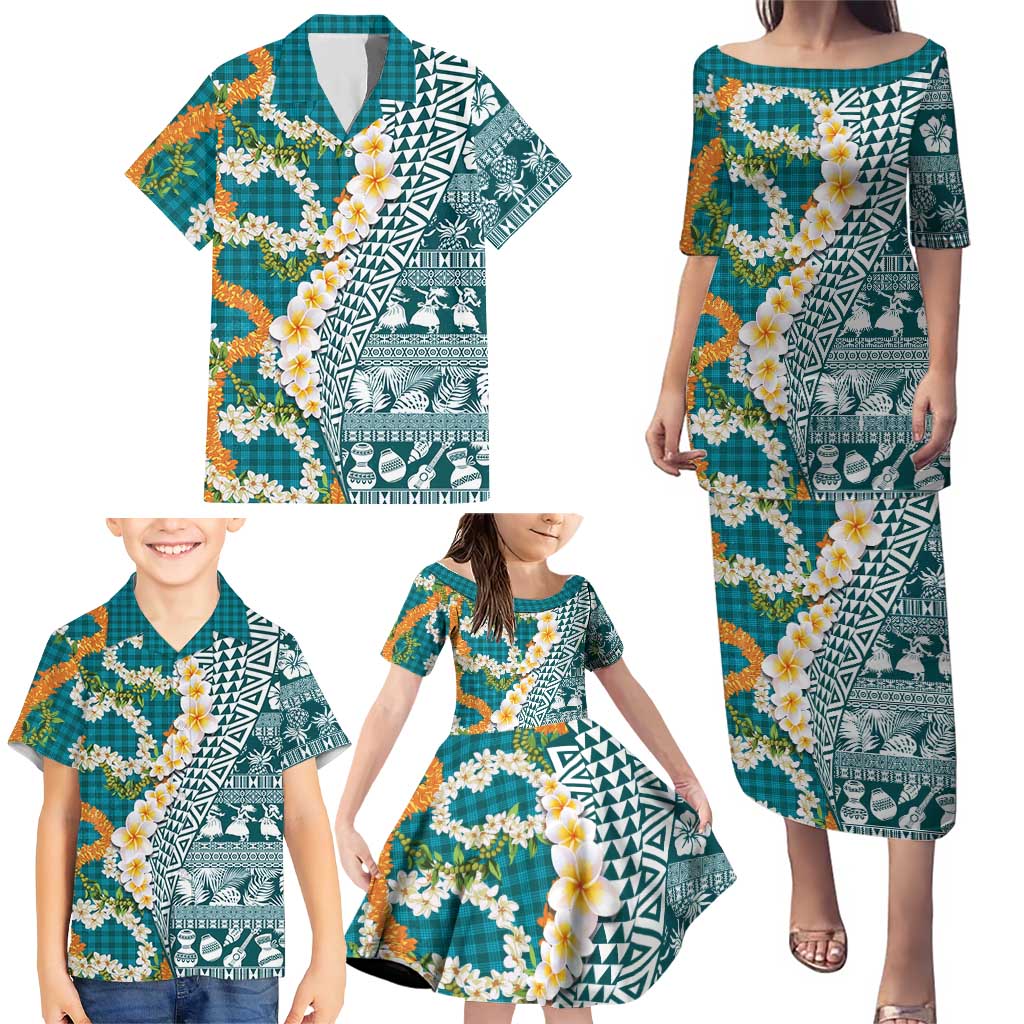 Hawaiian Plumeria Lei Family Matching Puletasi and Hawaiian Shirt Kakau Motifs and Palaka Half Style Turquoise Color - Polynesian Pride