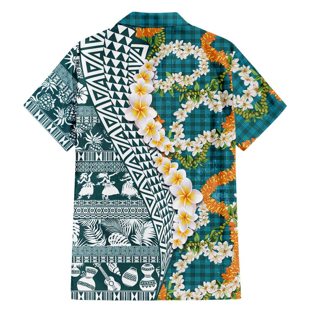 Hawaiian Plumeria Lei Family Matching Puletasi and Hawaiian Shirt Kakau Motifs and Palaka Half Style Turquoise Color - Polynesian Pride