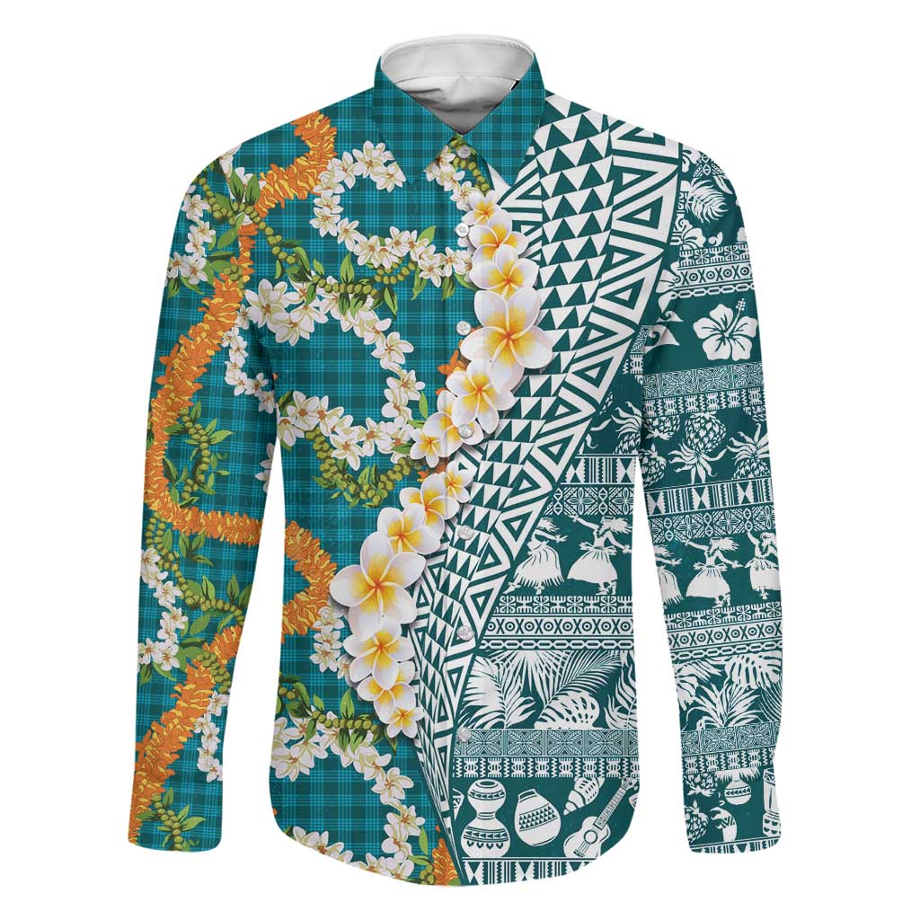 Hawaiian Plumeria Lei Family Matching Puletasi and Hawaiian Shirt Kakau Motifs and Palaka Half Style Turquoise Color - Polynesian Pride