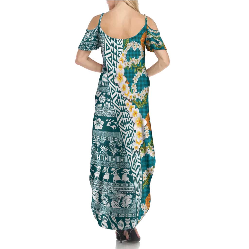 Hawaiian Plumeria Lei Family Matching Summer Maxi Dress and Hawaiian Shirt Kakau Motifs and Palaka Half Style Turquoise Color - Polynesian Pride