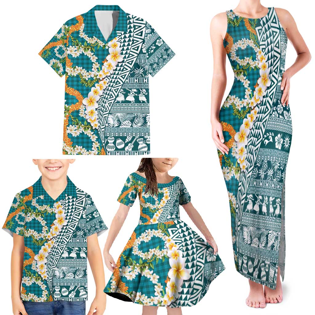 Hawaiian Plumeria Lei Family Matching Tank Maxi Dress and Hawaiian Shirt Kakau Motifs and Palaka Half Style Turquoise Color - Polynesian Pride