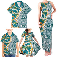 Hawaiian Plumeria Lei Family Matching Tank Maxi Dress and Hawaiian Shirt Kakau Motifs and Palaka Half Style Turquoise Color - Polynesian Pride