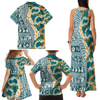 Hawaiian Plumeria Lei Family Matching Tank Maxi Dress and Hawaiian Shirt Kakau Motifs and Palaka Half Style Turquoise Color - Polynesian Pride