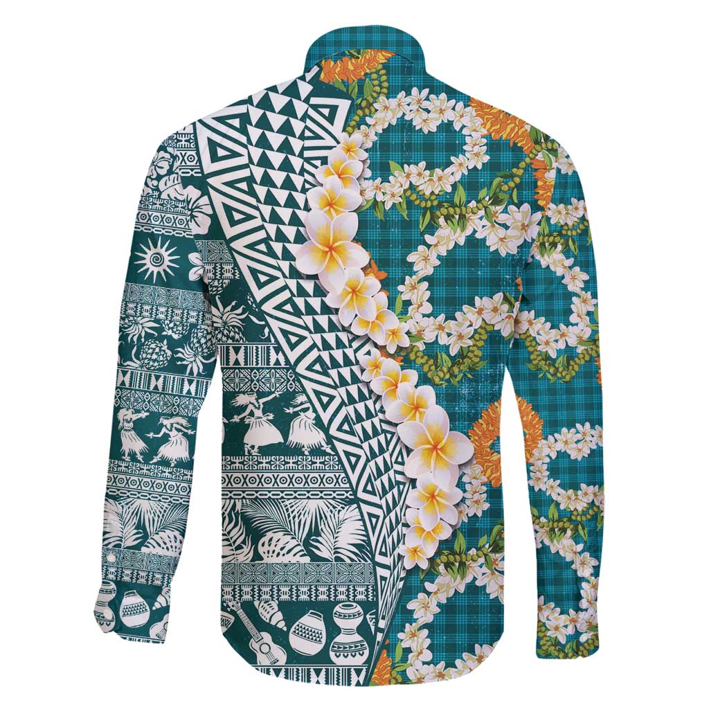 Hawaiian Plumeria Lei Family Matching Tank Maxi Dress and Hawaiian Shirt Kakau Motifs and Palaka Half Style Turquoise Color - Polynesian Pride