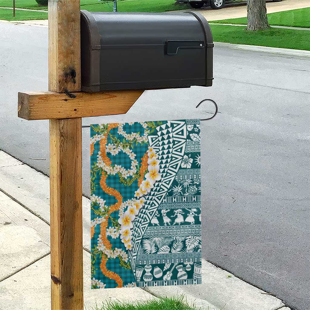 Hawaiian Plumeria Lei Garden Flag Kakau Motifs and Palaka Half Style Turquoise Color - Polynesian Pride