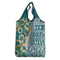 Hawaiian Plumeria Lei Grocery Bag Kakau Motifs and Palaka Half Style Turquoise Color - Polynesian Pride